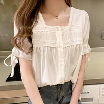 changsheng우아한 스퀘어 칼라 레이스 업 짧은 소매 여성 셔츠 세련된 자수 레이스 스티칭 루즈한 여름 블라우스 여성 캐주얼 탑스