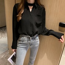넷투넷코리아 여성 브이넥 블라우스 긴팔 무지 오피스룩 심플 셔츠