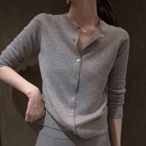 봄과 가을 얇은 여성의 둥근 목 니트 단색 밝은 실크 카디건 재킷 느슨한 바닥 스웨터