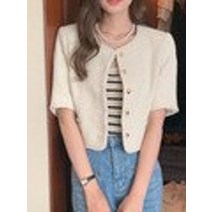 트위드자켓 여성자켓 봄자켓 크롭 우아한 한국어 하트 버튼 여름 여성 반팔 o-넥 얇은