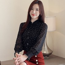 빅카라 스퀘어넥 블라우스 온앤온 실크 하이넥 luss mujer de mod 2022 여성 블라우스 긴 소매 검은 점 흰