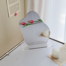 비정형 탁상 거울 웨이브 물결 세우는 화장대 스탠드 노프레임 안전거울 투명 아크릴 받침대, 조약돌