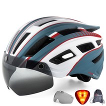 CYCBROS 자전거 헬멧 전기 스쿠터 통합 테일 라이트 고글 성인 헬멧 + 파우치 세트, 흰색 파란색 빨간색