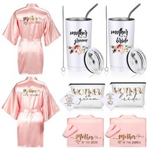 8팩 신부와 신랑의 어머니 선물 화이트 여성용 새틴 로브 591.5ml(20온스) 머그 텀블러 컵 결혼 메이크업 가방 엄마 화장품 손수건 (우아한 스타일)569453, Elegant Style, Pink, Pink