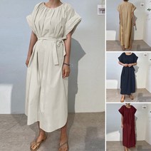 여자 여름 빅사이즈 S-2XL 루즈핏 폴리 스트랩 반팔 A라인 오버사이즈 롱 원피스 데일리 여행 해변 비치