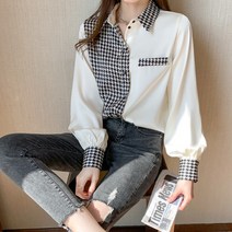 빅사이즈 출근룩 추천 하운드체크 카라 실키 블라우스 04989