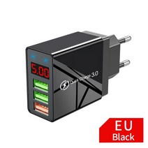고속 멀티 충전기 5V 3A 디지털 디스플레이 고속 충전 벽 전화 충전기 용 LED USB 충전기 휴대폰 충전기 스마트폰 충전 LED 디스플레이 충전기, EU Plug Black, 01 USB Charger