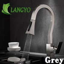 LANGYO 주방 싱크 Faucts 콜드 핫 믹서 스위블 스파우트 스프레이 어 탭을 꺼내 갑판 마운트 솔리드 브래스, GREY