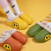 두엔젤 스마일 털 슬리퍼 방수 발망치 공룡발자국 층간소음방지 학생 사무실 가정 실내화, 기모 사이드 스마일_오렌지 37-38