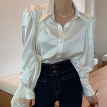 한국 버블 슬리브 루즈 새틴 버튼 라펠 셔츠 우아한 여성 셔츠 탑 화이트 세련된 블라우스 블러사스 Mujer 12635