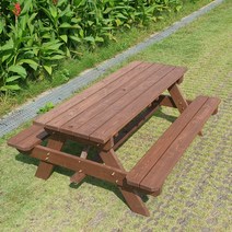 야외 의자 테이블 일체형 테이블 원목 야외용 탁자 세트, 4인용 티크도장