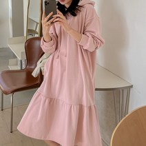로로텐 무지 후드 롱 원피스 프릴 셔링 루즈핏 빅사이즈