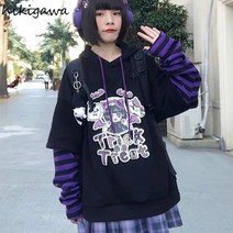 여성 후드 코트 핸드메이드 숏 하프 롱 반 알파카 Hikigawa hoodie fake two piece 티 스웨터 스트라이프 패치 워크 의류 청소년 y2k anime tops
