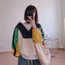 서양풍 한국판 복고풍 패치워크 얇은 캐주얼 풀오버 후드 래쉬가드 상의 후드 여 j