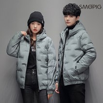 SMOPIG 남성 솔리드 후드 루즈핏 기모 화이트 오리털 패딩 코트