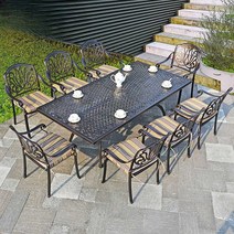 야외 6인용 8인용 주물 테이블 세트 주조 알루미늄 앤틱, 의자 6개 + 180x105cm 직조 원탁
