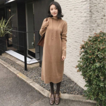 패션디바 여성용 봄 가을 겨울 캐주얼 데일리 후드 니트 롱원피스