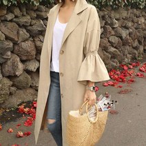 연베이지 러플소매 나팔소매 베이직 트렌치코트 여성 봄트렌치 롱가디건 브이넥 카라 루즈핏 소매 롱트렌치 무릎기장 핀마언니네 여성의류도매 미우새 패션스타일 아이유 일본여행 코디 봄가을 코트/트렌치