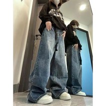여성 빈티지 Streetwear 한국어 헐렁한화물 청바지 허리 스트레이트 와이드 다리 바지 데님 바지 요정 Grunge Alt 의류