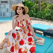 DFMEI 빈티지 프린트 바캉스룩 일자 넥 랩 빅 트임 롱 스커트 싼야 나시 원피스