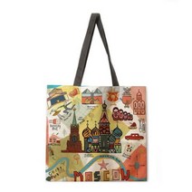 화구가방 미술가방 아트백 스케치북가방 컬러 페인팅지도 여행 세계 유명 건물 리넨 패브릭 캐주얼 토트 백 접이식 쇼핑백 재 가능한 비치, 1, l