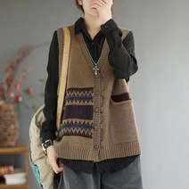 도오빠 앙그리SA 여성 니트 조끼 베스트 루즈핏 오버핏 브이넥 민소매 자카드 레이어드 스웨터 봄 가을 중년 여자조끼 여자니트티
