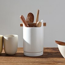 르리에 우드핸들 도자기 1구 수저통 원형, 화이트, 1개