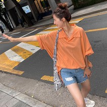 로로텐 브이넥 카라 박스 롱 티셔츠 면 반팔 무지 여성 빅사이즈