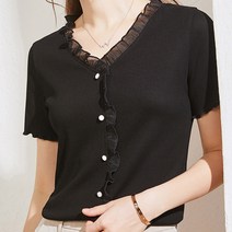 데일로엔 여성용 프릴 포인트 골지 여성 반팔 티셔츠