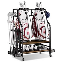 Rackgolfic 골프 가방 3개 보관 정리함 - 목재 백 스탠드 및 장비 차고 랙 가구 바구니 골프공 티 추가 클럽 디스플레이 포함, 2 golf bag rack