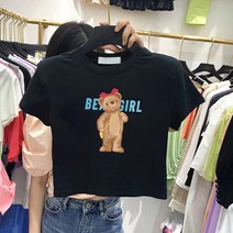 반팔티셔츠코티 코디 플리츠스커트 숏 상의 여성 크롭 현아한 무드 슬림핏 곰돌이 플라워 프린팅 3952223893