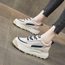 도오빠 디르뉴 여성 키높이 운동화 스니커즈 가죽 5CM 통굽 하이힐 플랫 레이스업 배색 메쉬 통기성 사계절 여자운동화