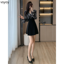 vsyoy 작은 향기로운 스타일 드레스 여성의 봄 2023 새로운 허리 기질 연예인 튀김 거리 높은 감각 치마