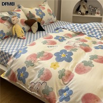 DFMEI 플라워 곰돌이 침대 4종 세트 워싱 면 이불 커버 블루 시트 3종 세트