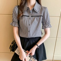 데이프릴 여성용 포른 벌룬 체크 레이스 반팔 셔츠블라우스