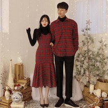 윈터 커플 시밀러룩 웨딩촬영 커플룩 체크무늬 원피스 크리스마스 드레스 셋, 검은색 바닥 셔츠