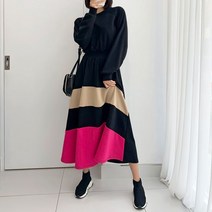 퍼니걸스 2137 컬러 배색 허리밴딩 롱 원피스 여성의류