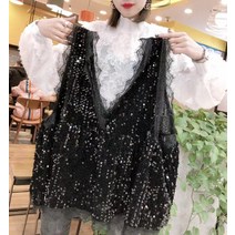 스팽글 레이스 조끼 바배 브이넥 코디 오버핏 레이어드
