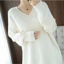 Momolatti 여성용 롱 기장 겨울 소프트 스웨터 루즈핏 포그니 브이넥 니트