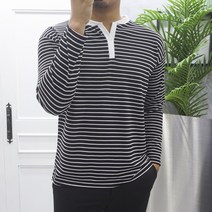 고천 스트라이프 배색 헨리넥 긴팔 티셔츠