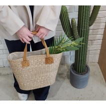 라탄 왕골 가방 30cm 13인치 가죽손잡이 가벼운 수납 데일리 과일 바구니 미디엄 여름