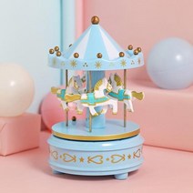 오르골 무드등 스노우볼 수정구슬 회전 목마 조명 나무 말 회전 목마 상자 생일 선물 방, 푸른