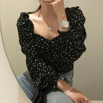 메이킹유 퍼프블라우스 셔링 스퀘어넥 플라워 슬림핏 1272오시드블라우스