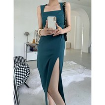 여름 같은 해 화사한 네모난 원피스 옆트임 허리 걷어 날씬해 보이는 탱크톱 멜빵 민소매 중장치마