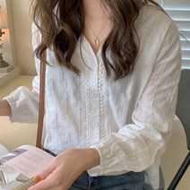모던한 셔츠 자수 브이넥 긴팔 블라우스 오피스룩 여성상의 플라워 잔꽃 차르르 쉬폰 봄옷