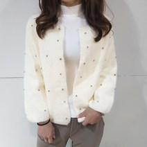 상상그이상 여성용 보석 미니 가디건 부드러운 촉감 부들부들 여성스러운 아우터 가오리 루즈핏 노카라 보석포인트 큐빅 긴팔니트 격식있는룩 코디완성