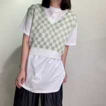 체크 패턴 브이넥 크롭 조끼 베스트 레이어드 뷔스티에 니트조끼