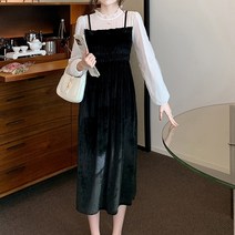 블링앤수 여성 벨벳 주름 레이어드 심플 롱 원피스 KZZ654