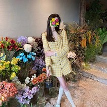 트위드셋업 트위드 투피스 하객룩 피로연 크롭 프랑스 하이 엔드 라이트 럭셔리 기질 연예인 정장 스커트 여성 가을 겨울 옐로우 물떼새 격자 코트 세트