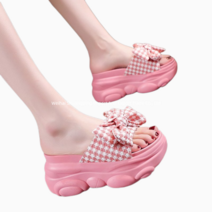 여성 메쉬 체크 왕리본슬리퍼 9cm 키높이 어글리 샌들